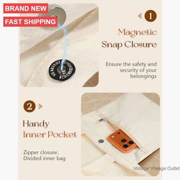 Large Canvas Crossbody Tote Bag with Zipper and Interior Pocket for Work - Picture 5 of 7